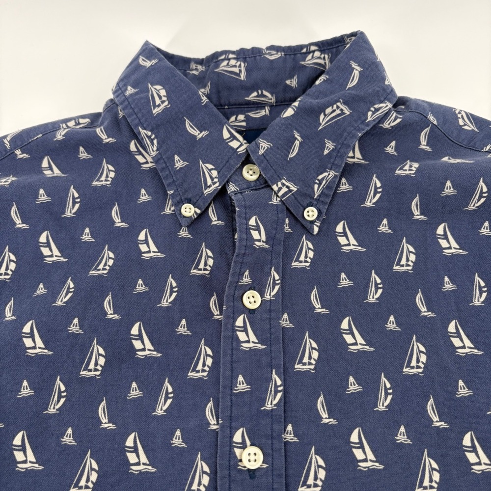 Ralph Lauren Mens Slim Fit Sailboat Print Short Sleeve Button Down‎ Shirt Navy L